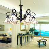 Lámpara de araña vintage de cono de cristal beige con patrón de rombos/hojas, ideal para iluminación interior de sala de estar